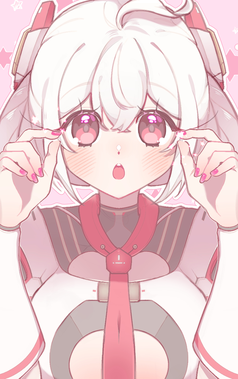 1girl, :o, ahoge, blush, center_opening, commentary_request, edea_cluster, hair_ornament