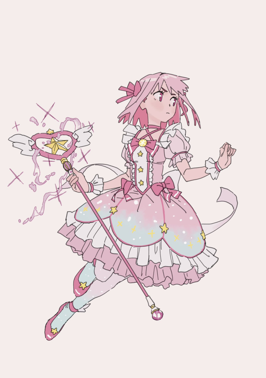 1girl, bow, brooch, buttons, center_frills, choker, closed_mouth, dress, flats, frilled_dress, frilled_sleeves, frills, full_body, galaxy_print, h4sh1rnoto, hair_bow, highres, holding, holding_staff, jewelry, looking_to_the_side, mage_staff, magical_girl, medium_hair, multicolored_pantyhose, original, pantyhose, pink_bow, pink_choker, pink_dress, pink_eyes, pink_hair, pink_shoes, print_pantyhose, puffy_short_sleeves, puffy_sleeves, shoes, short_sleeves, simple_background, solo, sparkle, staff, star_(symbol), star_button, star_print, white_background, wrist_cuffs