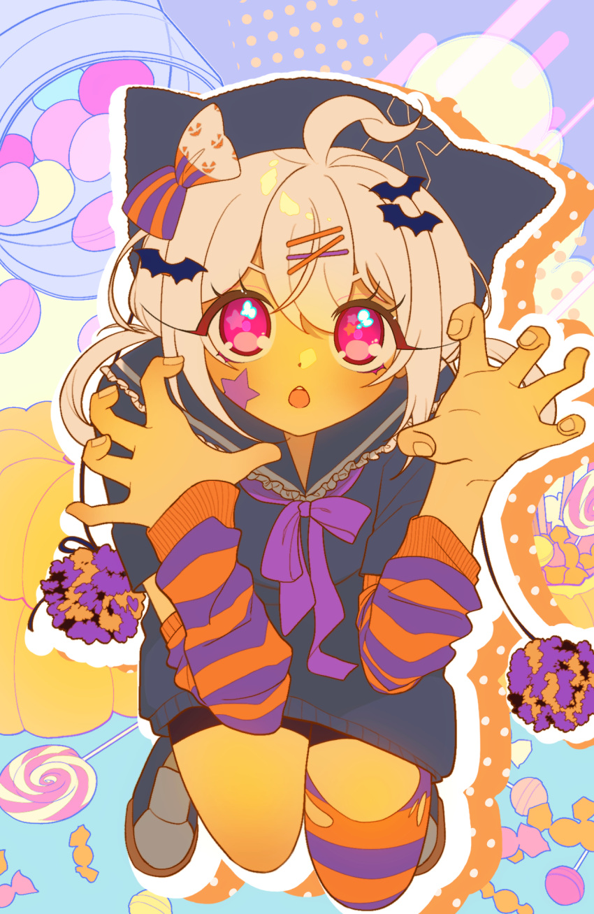 1girl, ahoge, animal_hat, arm_warmers, bat_hair_ornament, bike_shorts, black_hat, black_sailor_collar, black_sweater, blush, bow, candy, cat_hat, chestnut_mouth, claw_pose, colorful_background, commentary_request, dress, drop_shadow, facepaint, food, full_body, hair_bow, hair_ornament, hair_rings, hairclip, halloween, hands_up, hat, highres, looking_at_viewer, matoi_(pso2), medium_hair, multicolored_thighhighs, neck_ribbon, open_mouth, orange_arm_warmers, orange_bow, orange_thighhighs, phantasy_star, phantasy_star_online_2, pink_eyes, pumpkin, purple_arm_warmers, purple_bow, purple_ribbon, purple_thighhighs, ribbon, sailor_collar, sailor_dress, shoes, single_thighhigh, sitwocution, solo, star_(symbol), star_in_eye, striped_arm_warmers, striped_bow, striped_clothes, striped_thighhighs, sweater, sweater_dress, symbol_in_eye, thigh-highs, too_many_hair_ornaments, torn_clothes, torn_thighhighs, two-tone_arm_warmers, two-tone_bow, two-tone_thighhighs, white_hair