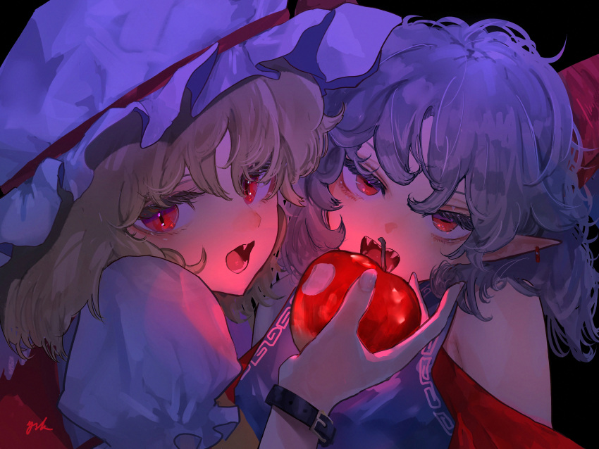 2girls, absurdres, apple, bare_shoulders, blonde_hair, blue_dress, blue_hair, breasts