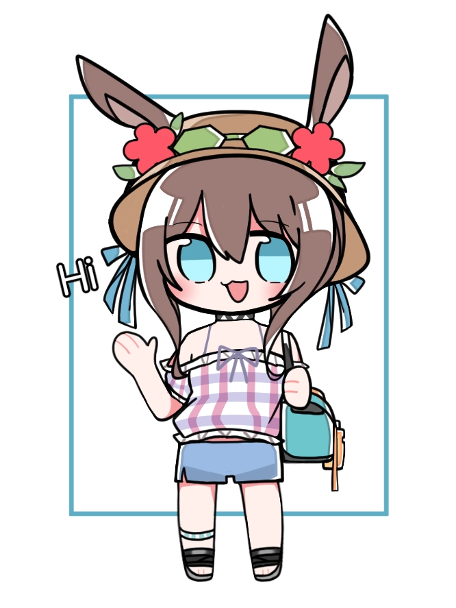 amiya_(arknights), amiya_(summer)_(arknights), animal_ears, aqua_bag, aqua_eyes, arknights, bag, blue_shorts, brown_hair, chibi, chibi_only, english_text, full_body, hand_up, hat, holding, holding_bag, open_mouth, pink_shirt, rabbit_ears, rabbit_girl, shirt, shorts, simple_background, smile, standing, straw_hat, white_background, xijian
