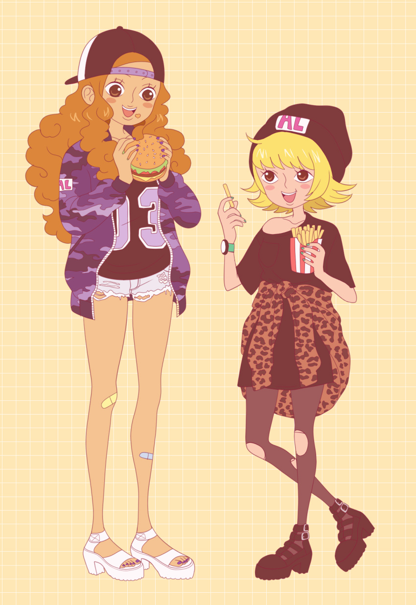 2girls, aphelandra, bandaid, black_hat, blush_stickers, burger, commentary, curly_hair