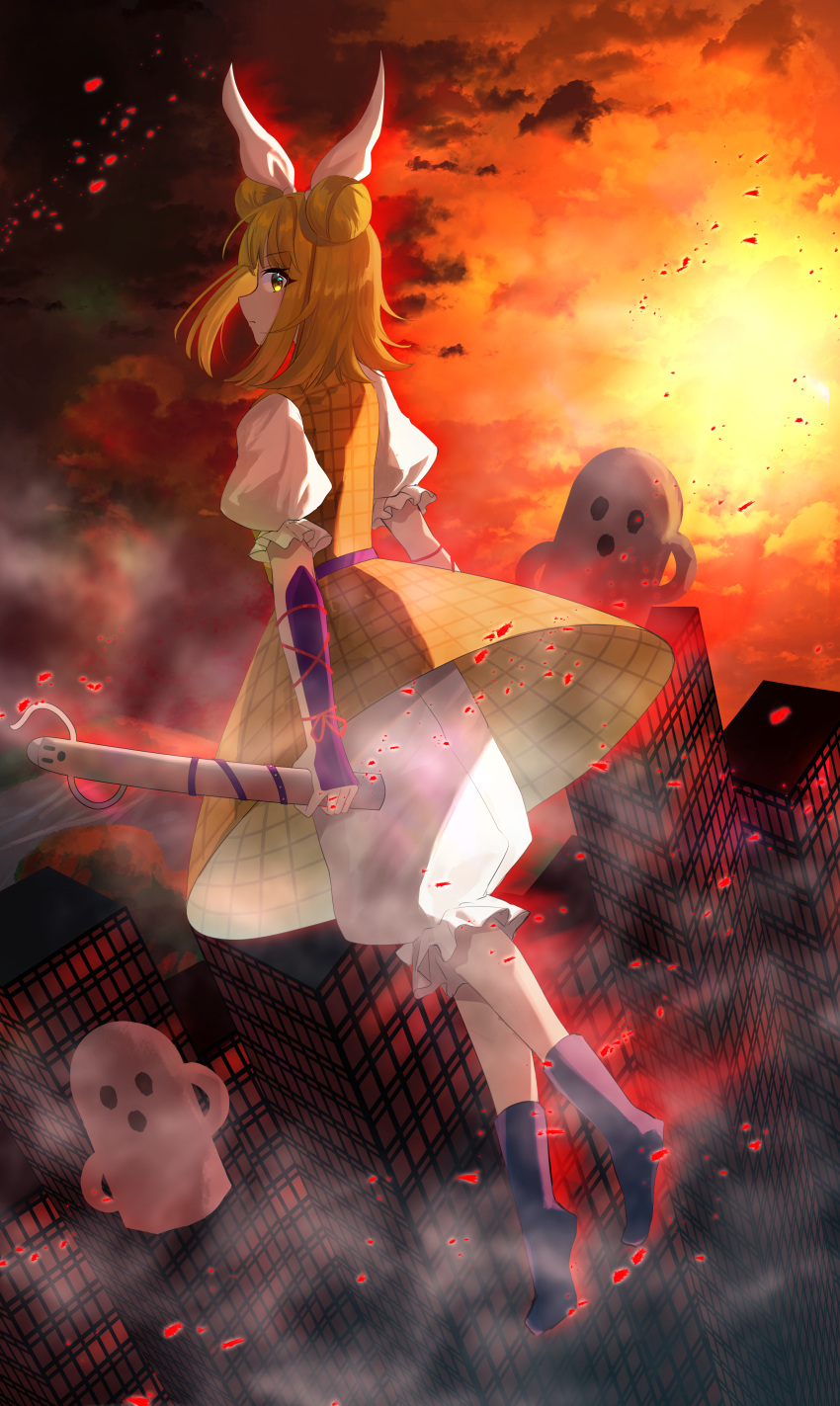 1girl, absurdres, armor, armored_skirt, black_boots, blonde_hair, bloomers, boots, cityscape, closed_mouth, double_bun, falling_petals, flying, fog, hair_bun, hair_ribbon, haniwa_(statue), highres, holding_statuette, joutouguu_mayumi, looking_back, medium_hair, nettian51, petals, plate_armor, ribbon, shirt, solo, solo_focus, tagme, touhou, white_bloomers, white_ribbon, white_shirt, yellow_eyes