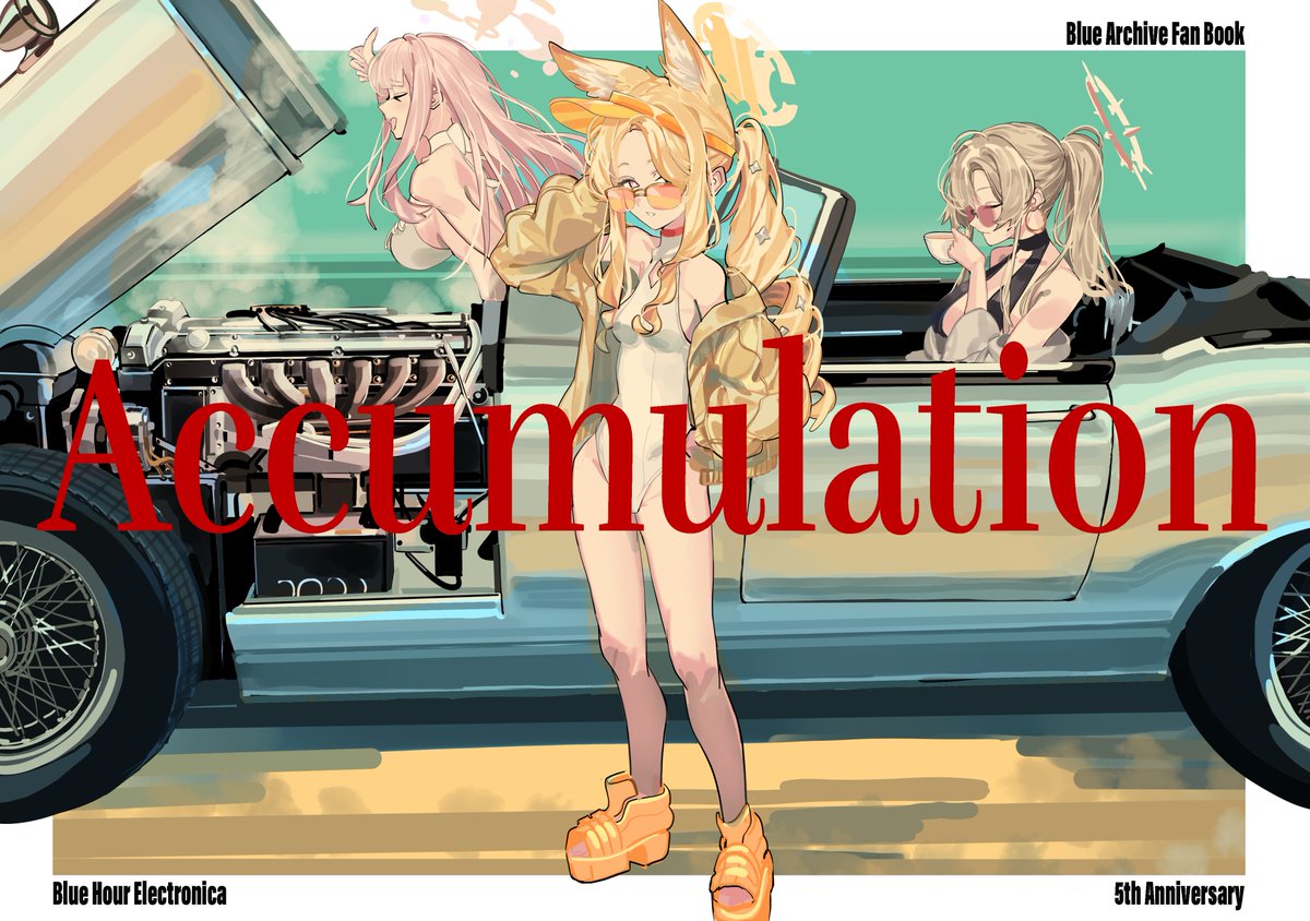 3girls, above-cleavage_cutout, animal_ear_fluff, animal_ears, bikini, black_one-piece_swimsuit, blonde_hair, blue_archive