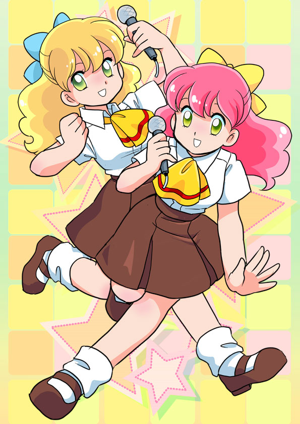 2girls, ascot, blonde_hair, blue_bow, bow, brown_shoes, brown_skirt, collared_shirt, commentary_request, daina_airan, full_body, green_eyes, hair_bow, holding, holding_microphone, itou_angie, itou_emily, kisaragi_miyuki, mary_janes, microphone, multiple_girls, open_mouth, pink_hair, pleated_skirt, school_uniform, shirt, shoes, short_sleeves, siblings, sisters, skirt, smile, socks, star_(symbol), takemoto_izumi_(style), twins, white_shirt, white_socks, yellow_ascot, yellow_background, yellow_bow