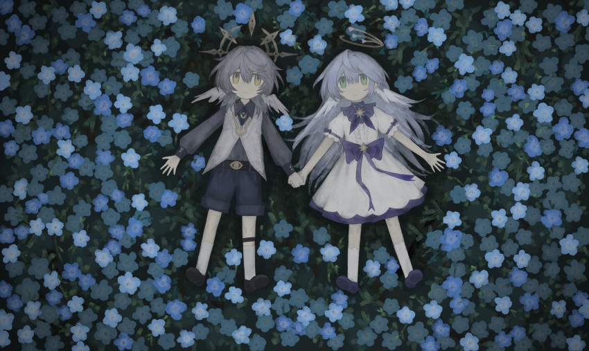 1boy, 1girl, absurdres, bare_arms, bare_legs, blue_flower, blue_hair, brother_and_sister
