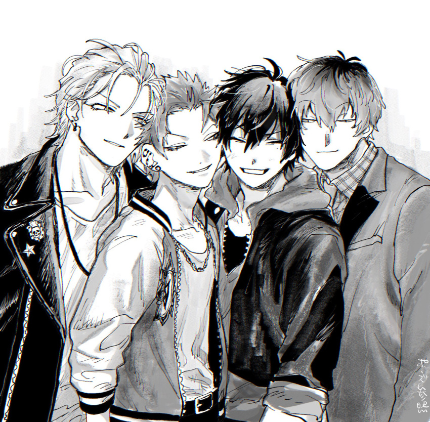 4boys, aohitsugi_samatoki, aohitsugi_samatoki_(tdd_era), arms_at_sides, belt, belt_buckle, blush, boy_sandwich