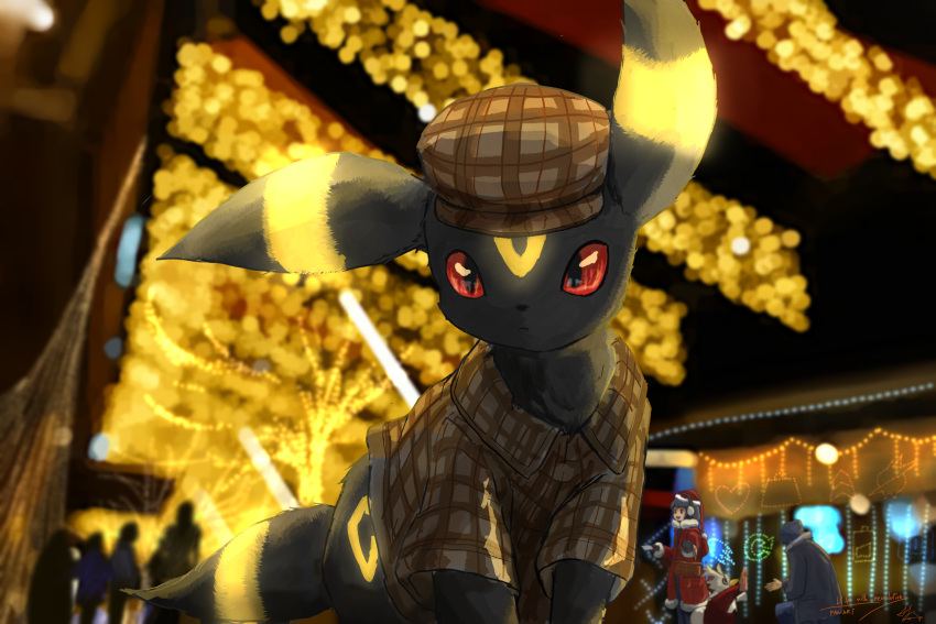1girl, animal_ears, basket, black_fur, blurry, blurry_background, bokeh, brown_hat
