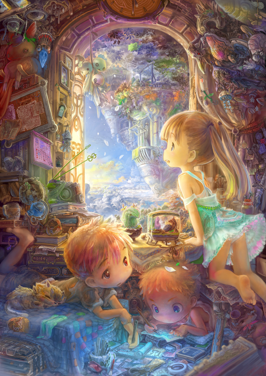 1girl, 2boys, bed, bed_sheet, blonde_hair, blue_eyes, book, buttons, calendar, calendar_(object), cat, chair, child, clock, cloud, colorful, cup, doll, dress, feet, fish, highres, leaf, lying, map, on_bed, on_stomach, orange_hair, original, panties, pantyshot, pen, pencil, petals, photo_(object), red_eyes, room, scenery, skirt, sky, soles, solex, star, teruterubouzu, toes, tree, tsukushi_akihito, underwear