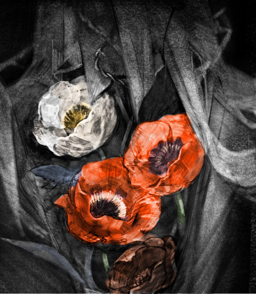 1boy, black_background, black_coat, charon_(reverse:1999), coat, covered_face, flower, flower_focus
