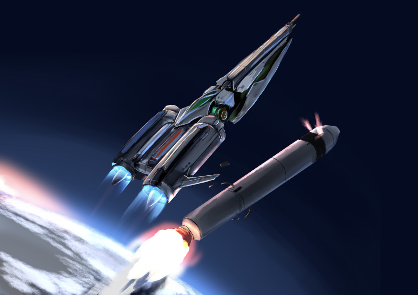 canopy_(aircraft), cf-345_black_fly, earth_(planet), flying, highres, in_orbit, laser_cannon, metal_black_(taito), military_vehicle, oosaki_eru, planet, rocket, rocket_engine, science_fiction, space, spacecraft, starfighter, taito, thrusters, vehicle_focus, weapon