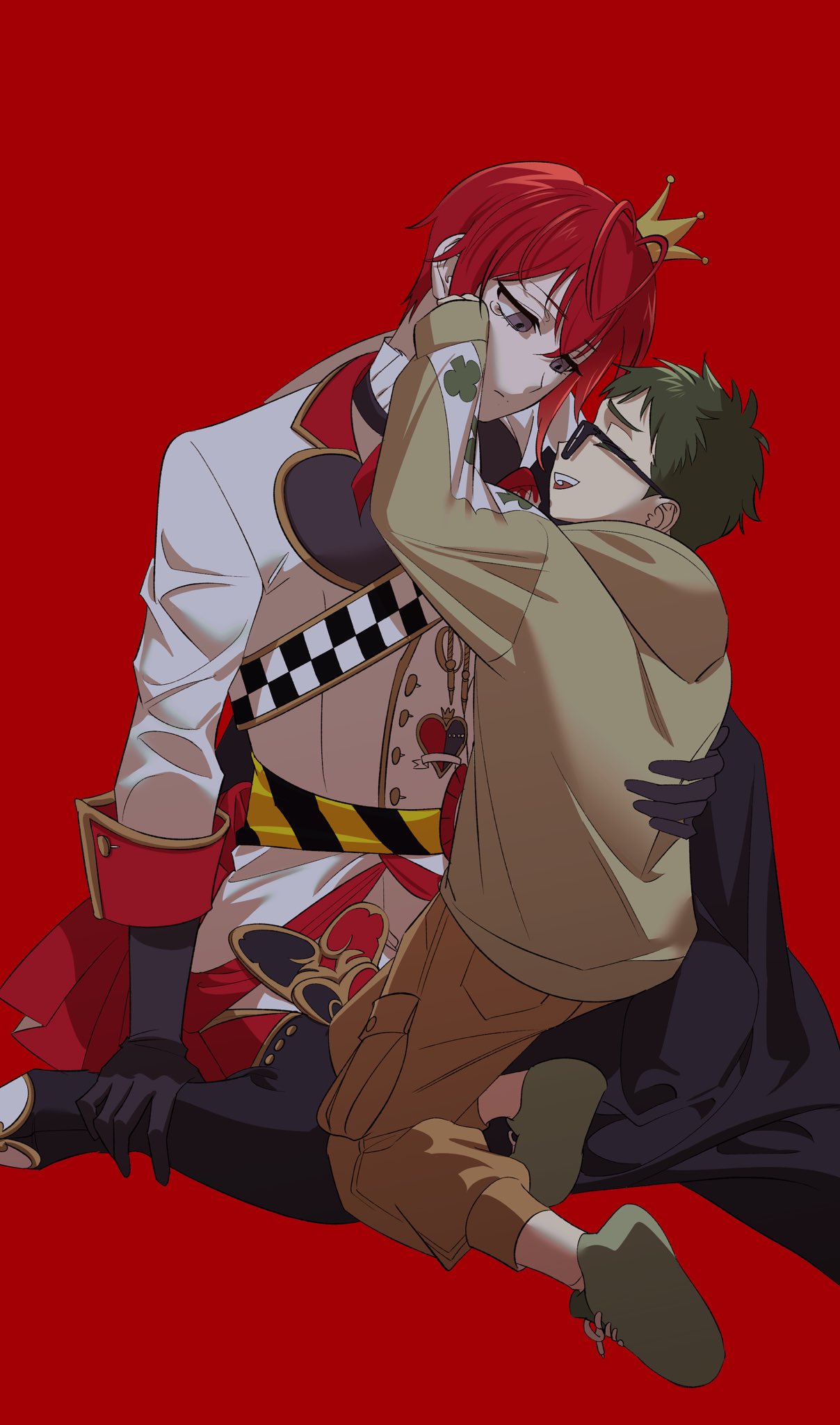 2boys, :d, age_difference, aged_down, antenna_hair, arm_up, black-framed_eyewear, black_boots