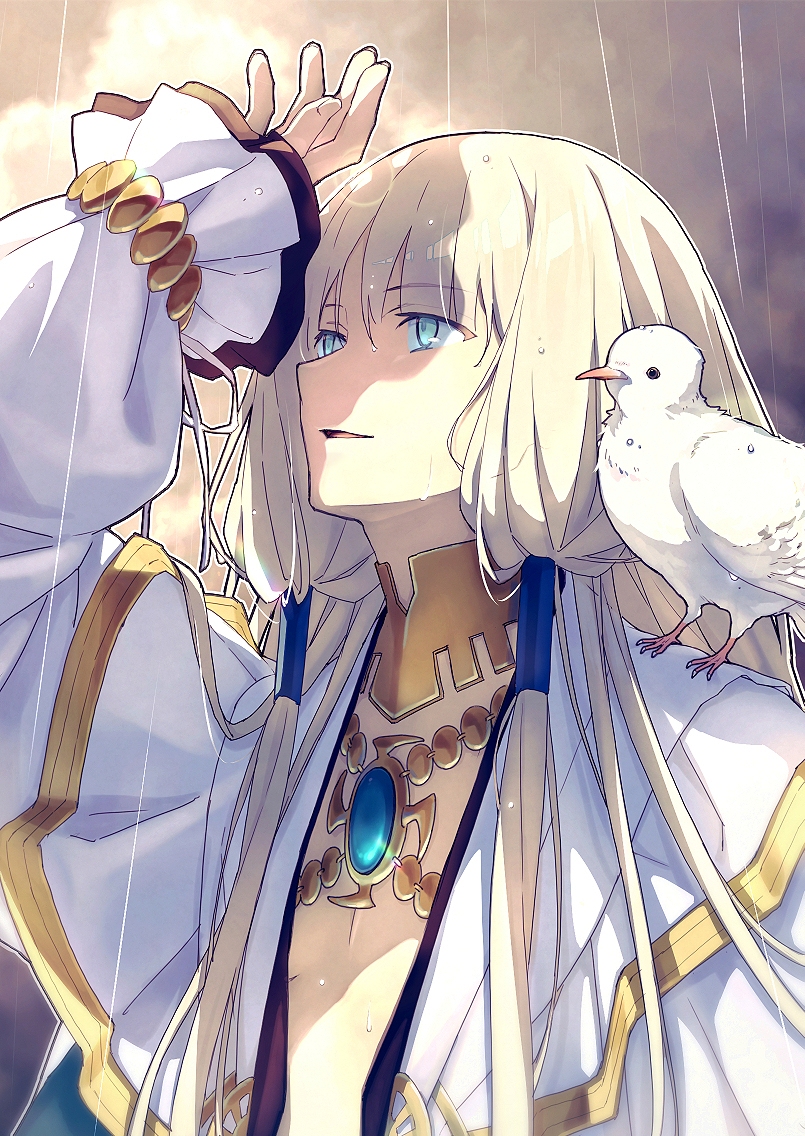 1boy, aqua_eyes, arm_up, bird, black_robe, blonde_hair, brooch, fate/grand_order