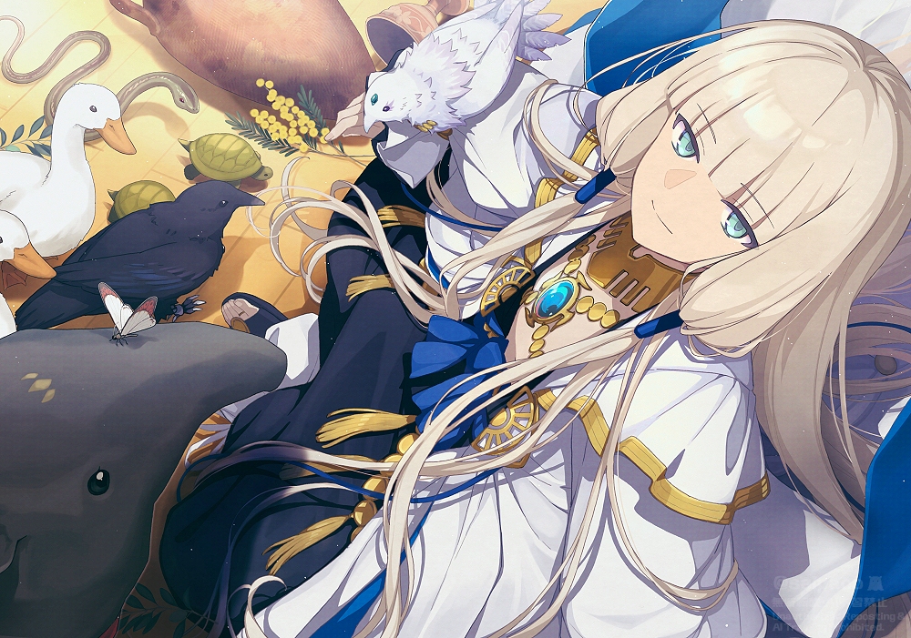 1boy, aqua_eyes, belly_chain, bird, black_robe, blonde_hair, brooch, bug