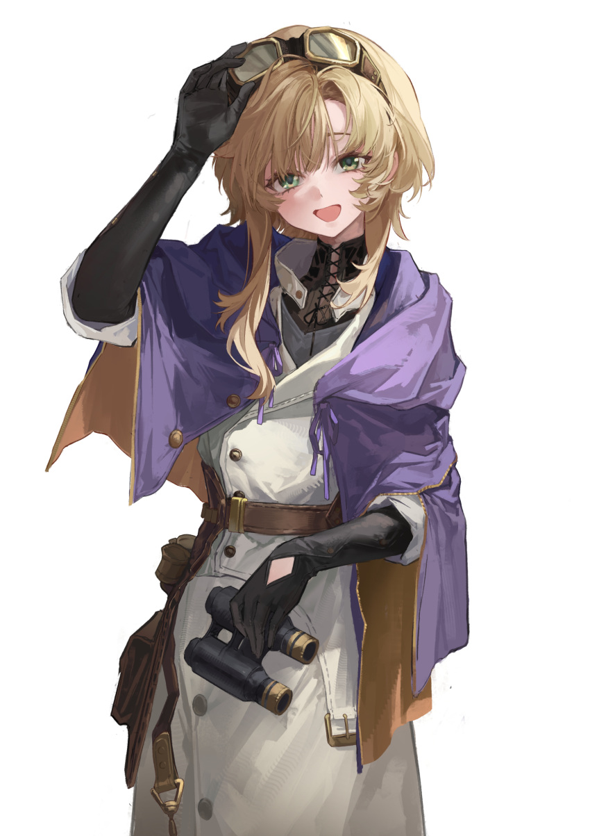 1girl, :d, absurdres, adjusting_eyewear, belt, belt_pouch, binoculars, black_gloves