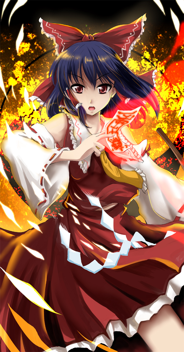 ascot, black_hair, bow, detached_sleeves, gohei, hair_bow, hakurei_reimu, japanese_clothes