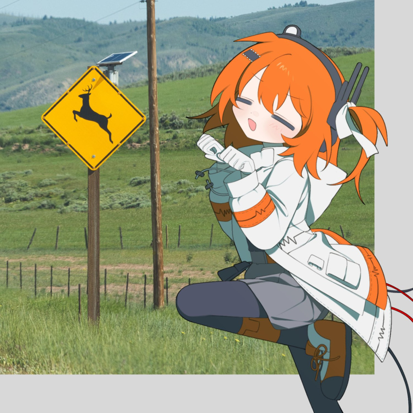 1girl, a.i._voice, adachi_rei, black_pantyhose, closed_eyes, day, deer_crossing, grey_skirt