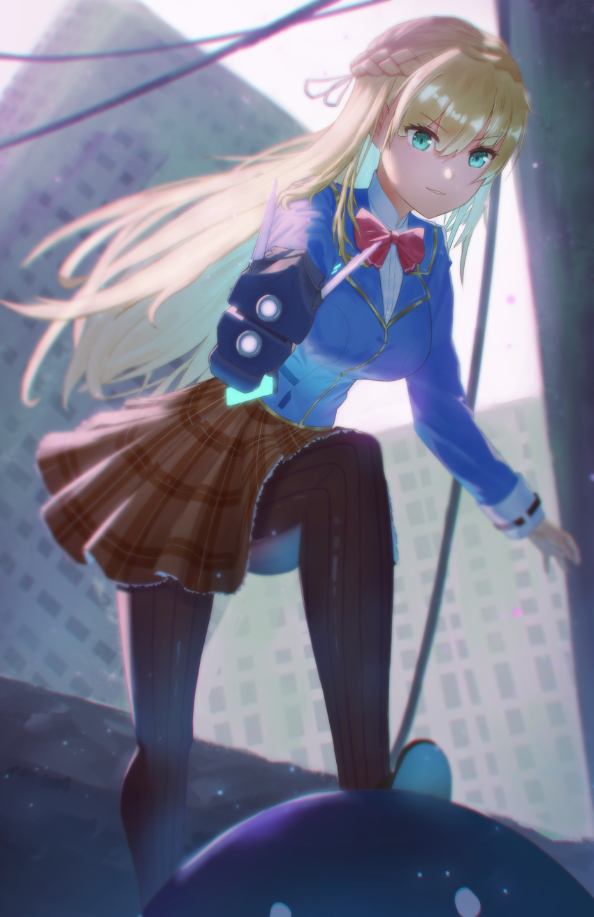 1girl, absurdres, aiming, aiming_at_viewer, aqua_eyes, backlighting, black_pantyhose, blonde_hair