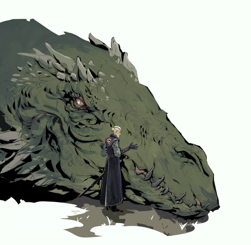 1boy, a_song_of_ice_and_fire, aemond_targaryen, black_gloves, black_shoes, black_tunic, blonde_hair, ccattnipp, dragon, eyepatch, full_body, gloves, green_shirt, hair_bun, hands_on_another's_face, highres, house_of_the_dragon, male_focus, shirt, shoes, slit_pupils, sword, tunic, twitter_username, updo, weapon, white_background