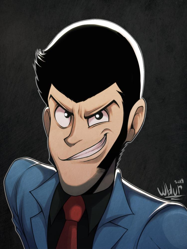 1boy, 2019, arsene_lupin_iii, black_background, black_eyes, black_hair, black_shirt, blue_jacket