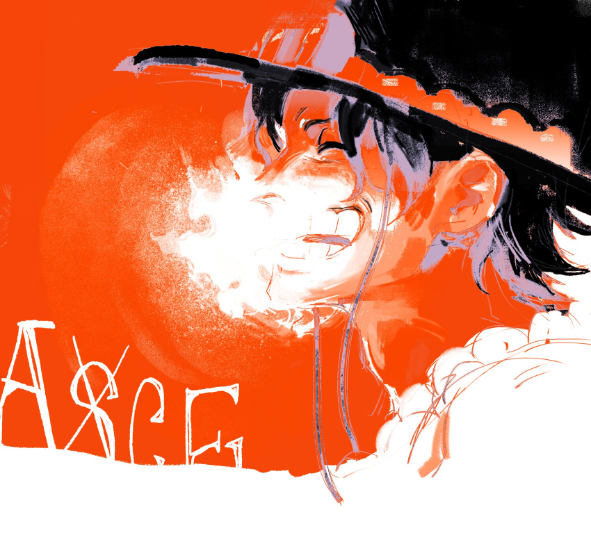 1boy, ^_^, absurdres, character_name, closed_eyes, commentary, fire, hat