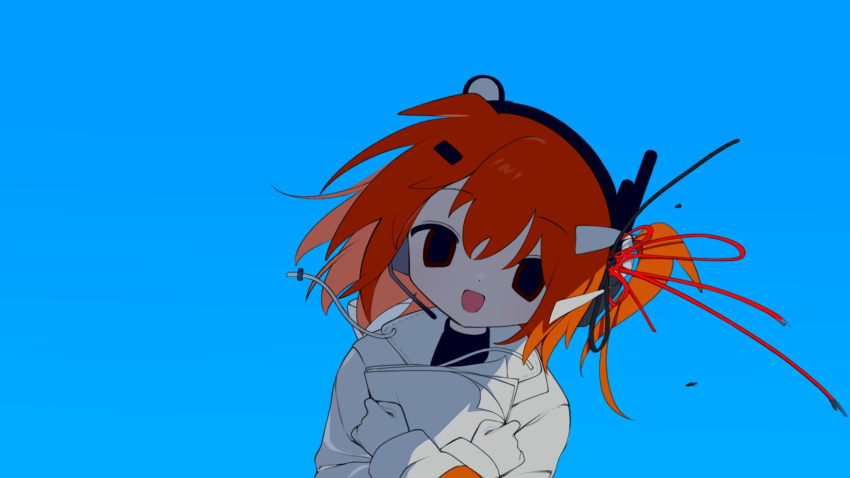 1girl, a.i._voice, blue_background, cable, cable_hair_ornament, headset, highres, holding, holding_paper, jacket, long_sleeves, looking_at_viewer, one_side_up, open_mouth, orange_hair, paper, sakakiai, smile, solo, upper_body, utau, white_jacket