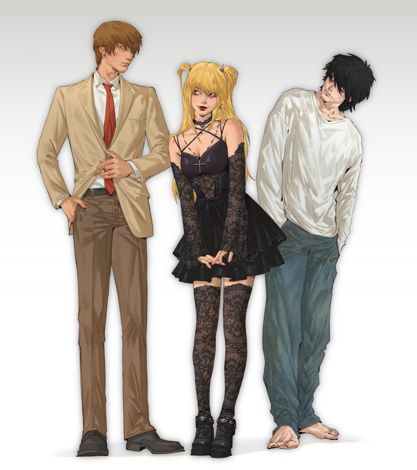 1girl, 2boys, absurdres, amane_misa, bare_shoulders, barefoot, black_choker, black_hair, black_shirt, black_shoes, black_skirt, blonde_hair, blue_pants, breasts, brown_hair, brown_jacket, brown_pants, choker, collared_shirt, crazytom, cross, cross_necklace, death_note, detached_sleeves, gradient_background, hair_between_eyes, half_updo, hand_in_pocket, hands_in_pockets, highres, jacket, jewelry, l_(death_note), lace, lace_sleeves, lace_thighhighs, long_hair, looking_at_another, medium_breasts, multiple_boys, necklace, necktie, own_hands_together, pants, red_lips, red_necktie, shirt, shoes, short_hair, short_twintails, simple_background, skirt, smile, standing, suit_jacket, thigh-highs, twintails, white_shirt, yagami_light, zettai_ryouiki