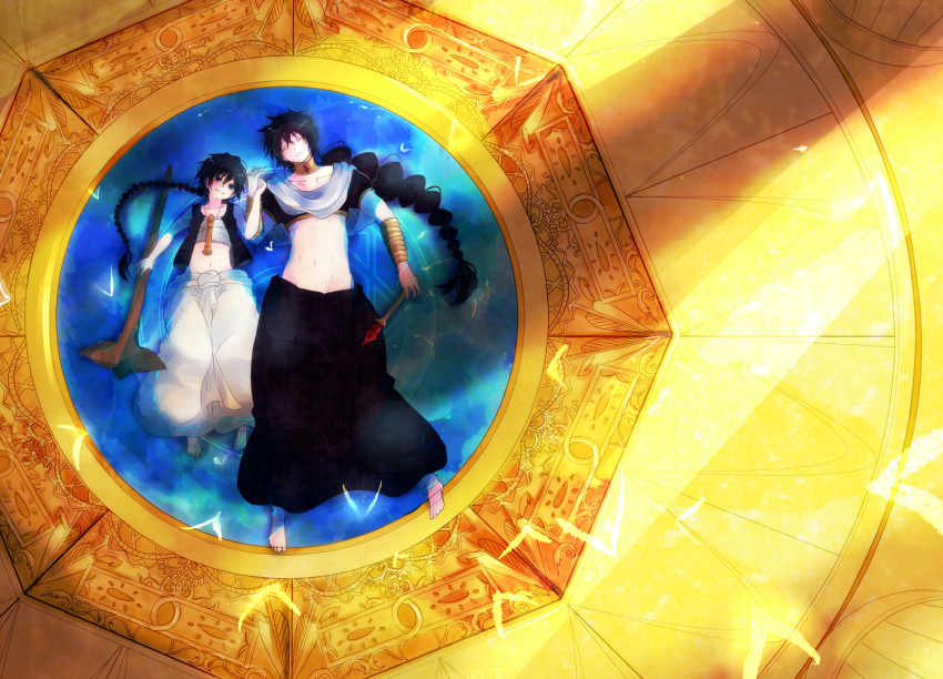 aladdin_(magi), bad_id, baggy_pants, barefoot, black_hair, braid, flute, harem_pants, instrument, jewelry, judal, lying, magi_the_labyrinth_of_magic, magic_circle, male, midriff, monarin, multiple_boys, neck_ring, single_braid, staff, wand, water