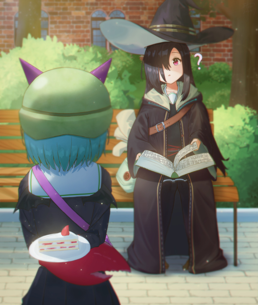 2girls, ?, absurdres, arms_behind_back, bench, birthday, black_hair, black_hat