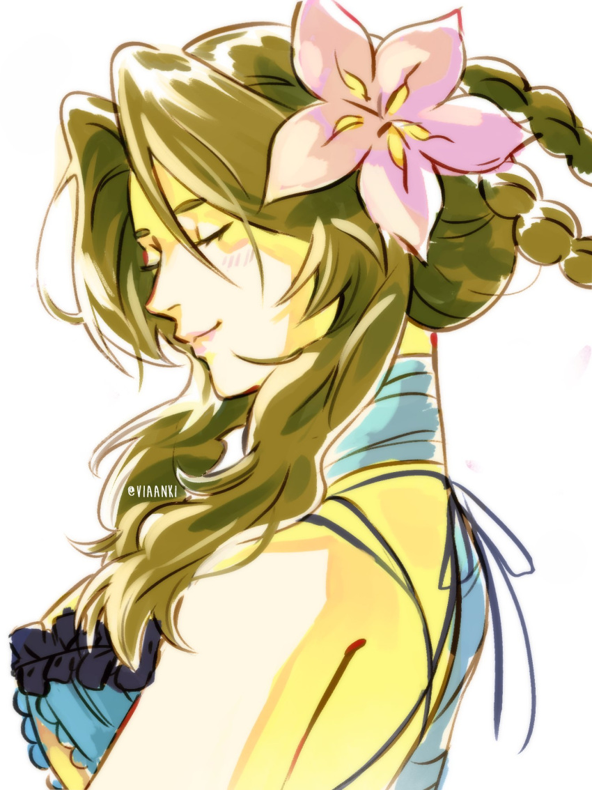 aerith_gainsborough_(garb_of_the_possessed), bandaged_arm, bandaged_neck, bandages, blue_negligee, braid, braided_hair_rings, breasts