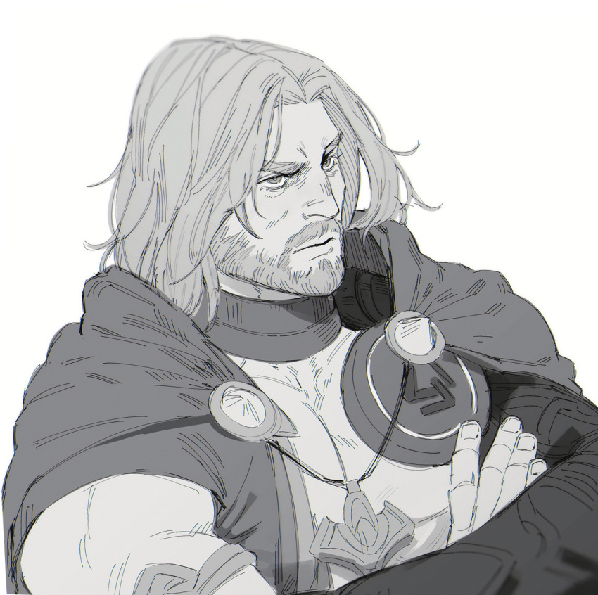 1boy, armlet, beard, cape, commentary, crossed_arms, english_commentary, facial_hair, greyscale, hellfire_gala, highres, jewelry, limach-an, looking_up, male_focus, marvel, marvel_rivals, mature_male, medium_hair, monochrome, muscular, muscular_male, necklace, official_alternate_costume, parted_hair, solo, thor_(marvel), thor_(marvel)_(series), white_background