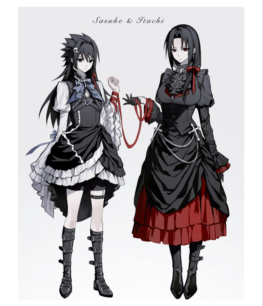 2girls, bird_skull_ornament, black_boots, black_dress, black_eyes, black_gloves, black_hair, black_shorts