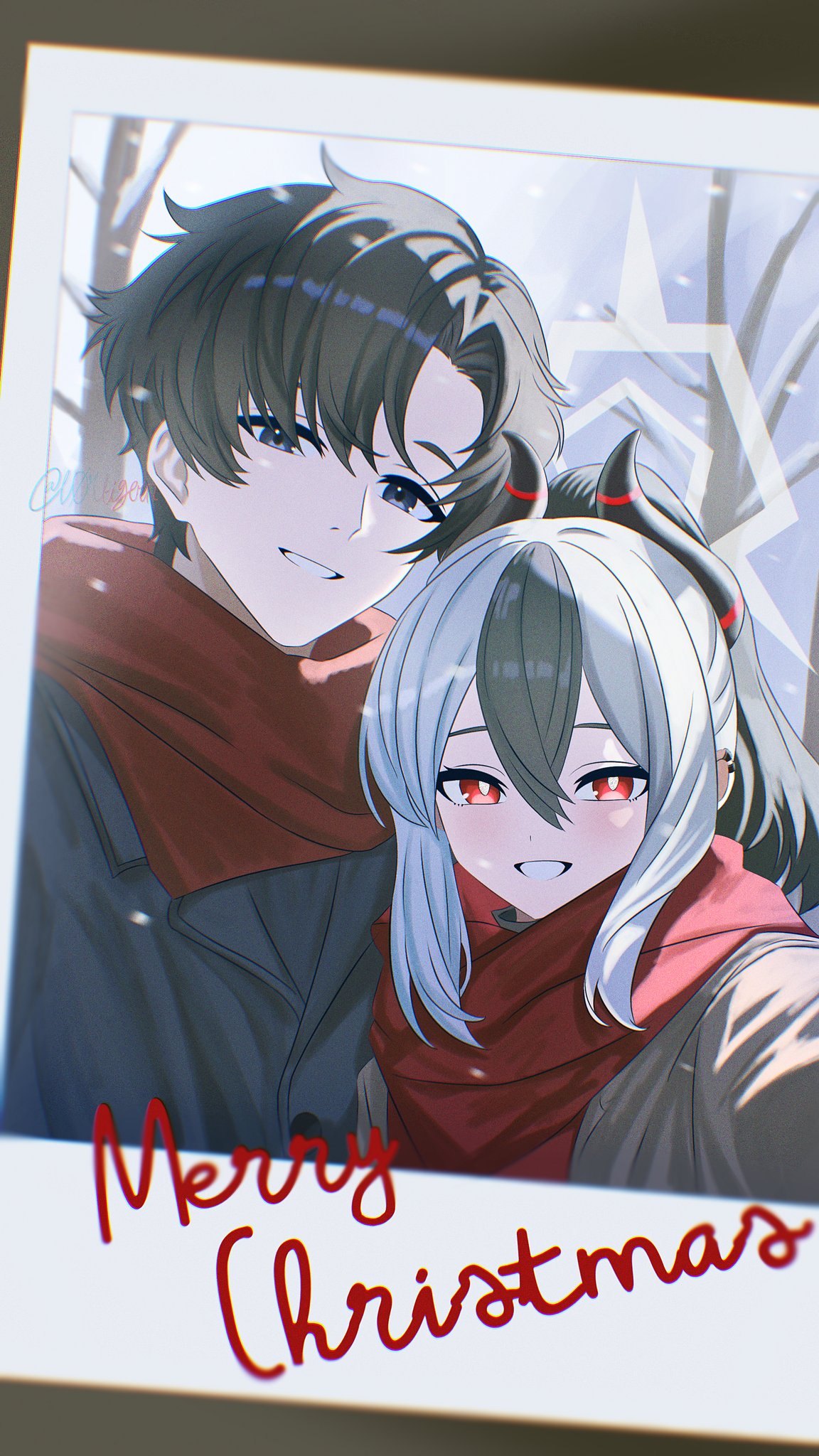 1boy, 1girl, black_hair, black_horns, blue_archive, demon_horns, earclip, fake_photograph