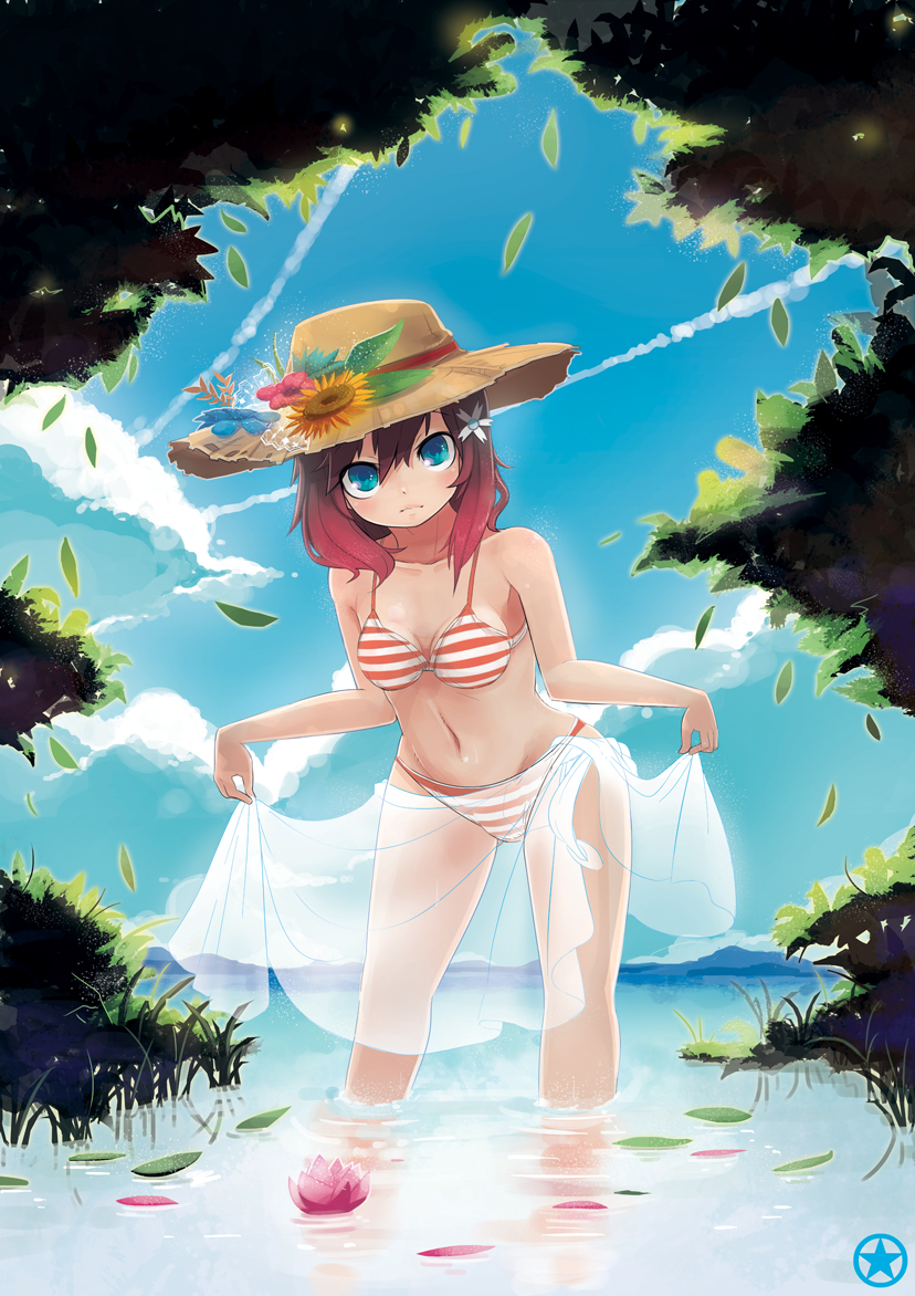 blue_eyes, flower, hat, lotus, mugcan, original, red_hair, redhead