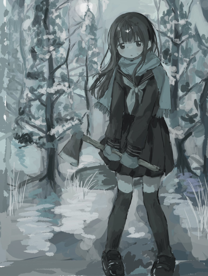 1girl, axe, bare_tree, black_eyes, black_hair, black_sailor_collar, black_serafuku, black_shoes