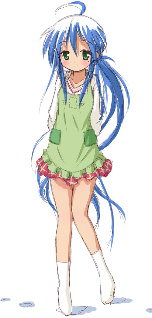 :3, alternate_hairstyle, apron, arms_behind_back, blue_hair, blush, female, footwear