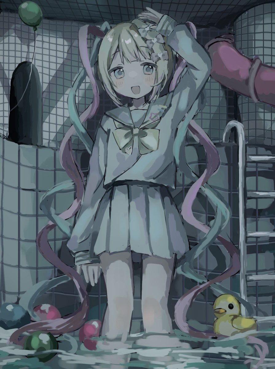 1girl, :d, arm_up, balloon, blonde_hair, blue_bow, blue_eyes, blue_hair, blue_skirt, blush, bow, bowtie, chouzetsusaikawa_tenshi-chan, hair_bow, hair_ornament, highres, indoors, iridescent_clothes, long_hair, long_sleeves, looking_at_viewer, multicolored_hair, multiple_hair_bows, muted_color, needy_girl_overdose, open_mouth, partially_submerged, pink_bow, pink_hair, pleated_skirt, pool, pool_ladder, quad_tails, rubber_duck, sailor_collar, school_uniform, serafuku, shirt, skirt, smile, solo, standing, tile_wall, tiles, very_long_hair, wading, water, yellow_bow, yellow_bowtie, yukitomo_(motcha111)