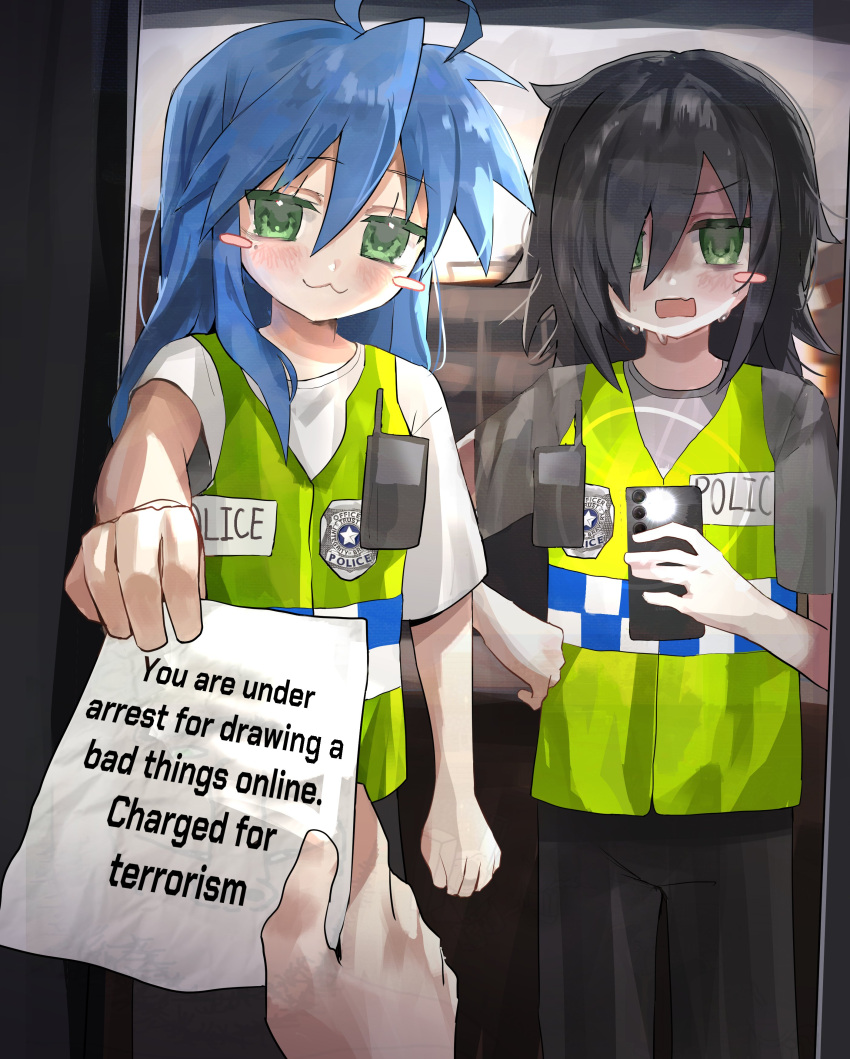 1other, 2girls, :3, absurdres, ahoge, black_hair, blue_hair, blush_stickers