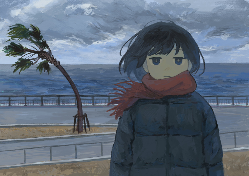 1girl, :|, arms_at_sides, black_coat, black_eyes, black_hair, closed_mouth, coat, commentary_request, day, highres, horizon, jitome, ocean, original, outdoors, overcast, palm_tree, red_scarf, scarf, short_hair, sky, solo, storm, tree, unamused, upper_body, user_vjpx2544, wind, winter_clothes, winter_coat
