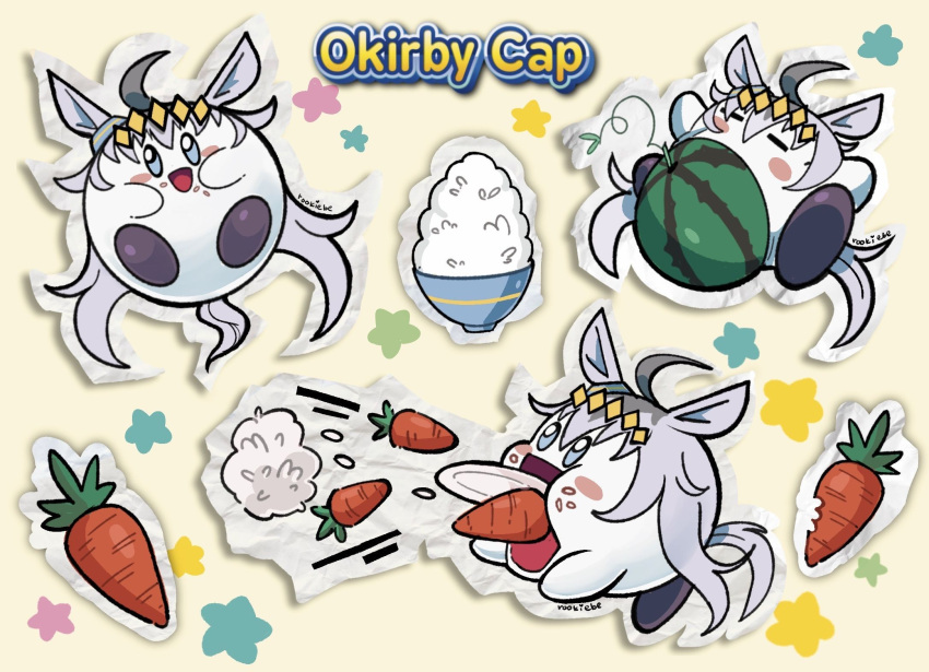 ahoge, animal_ears, blue_eyes, blush, blush_stickers, borrowed_hairstyle, carrot, closed_eyes
