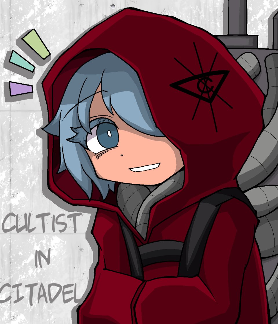 1girl, biomechanical, blue_eyes, blue_hair, copyright_name, crossed_arms, cultist_(the_citadel), english_text, hair_over_one_eye, happy, long_sleeves, lovins_on, machinery, red_robe, robe, short_hair, smile, solo, the_citadel, tile_wall, tiles, white_background