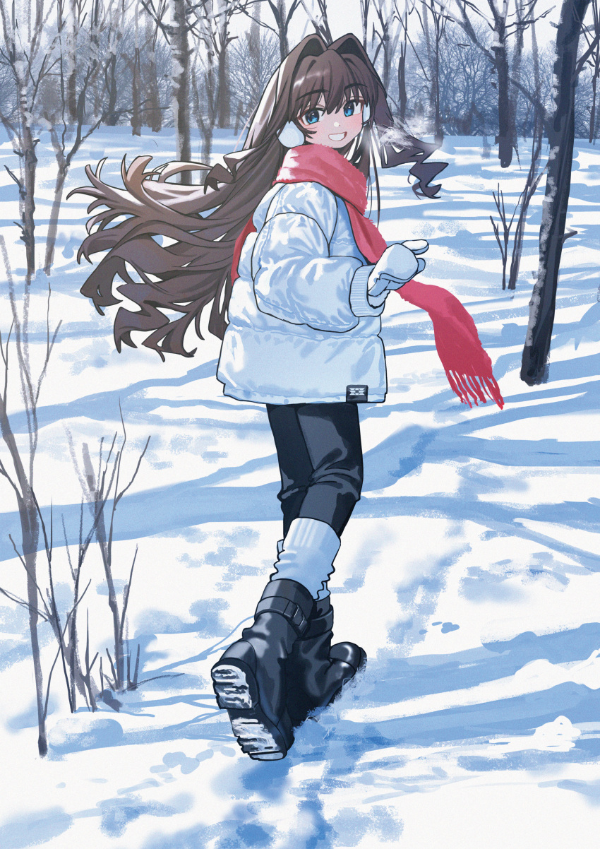 1girl, absurdres, bare_tree, black_boots, black_pants, blue_eyes, boots, breath, brown_hair, coat, day, earmuffs, elisia_valfelto, floating_hair, forest, from_behind, full_body, grin, hair_ears, highres, long_hair, long_sleeves, looking_at_viewer, looking_back, luicent, mittens, nature, original, outdoors, pants, pink_scarf, scarf, shadow, smile, snow, snow_boots, socks, socks_over_pants, solo, tree, turning_head, walking, white_coat, white_socks, winter, winter_clothes, winter_coat