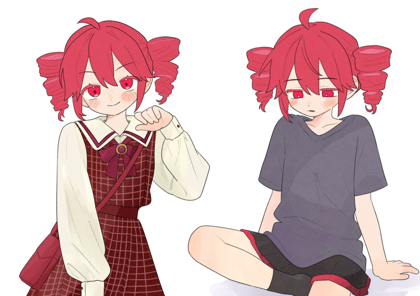 1girl, ahoge, bag, black_shirt, black_skirt, black_socks, blush, bow