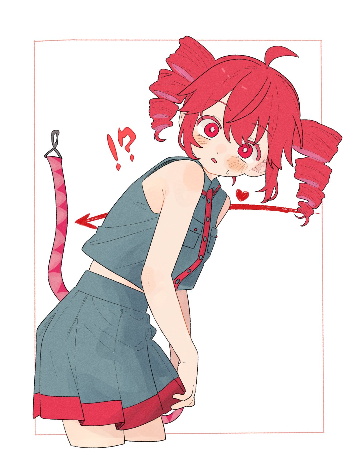 !?, 1girl, ahoge, bare_arms, blush, cropped_legs, drill_hair, grey_shirt, grey_skirt, heart, highres, kasane_teto, kasane_teto_(utau), leaning_forward, looking_at_viewer, looking_to_the_side, ofo_j1, parted_lips, red_eyes, red_hair, shirt, short_hair, skirt, sleeveless, sleeveless_shirt, solo, sweatdrop, twin_drills, twintails, utau