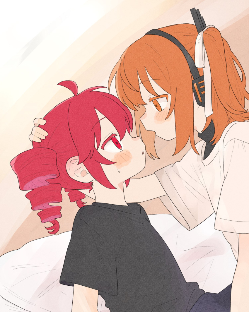 2girls, a.i._voice, adachi_rei, ahoge, black_shirt, blush, drill_hair, eye_contact