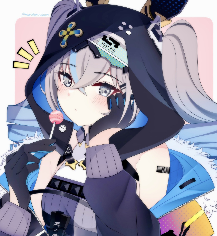 1girl, barcode, barcode_tattoo, bare_shoulders, black_gloves, black_jacket, blue_hair, blush