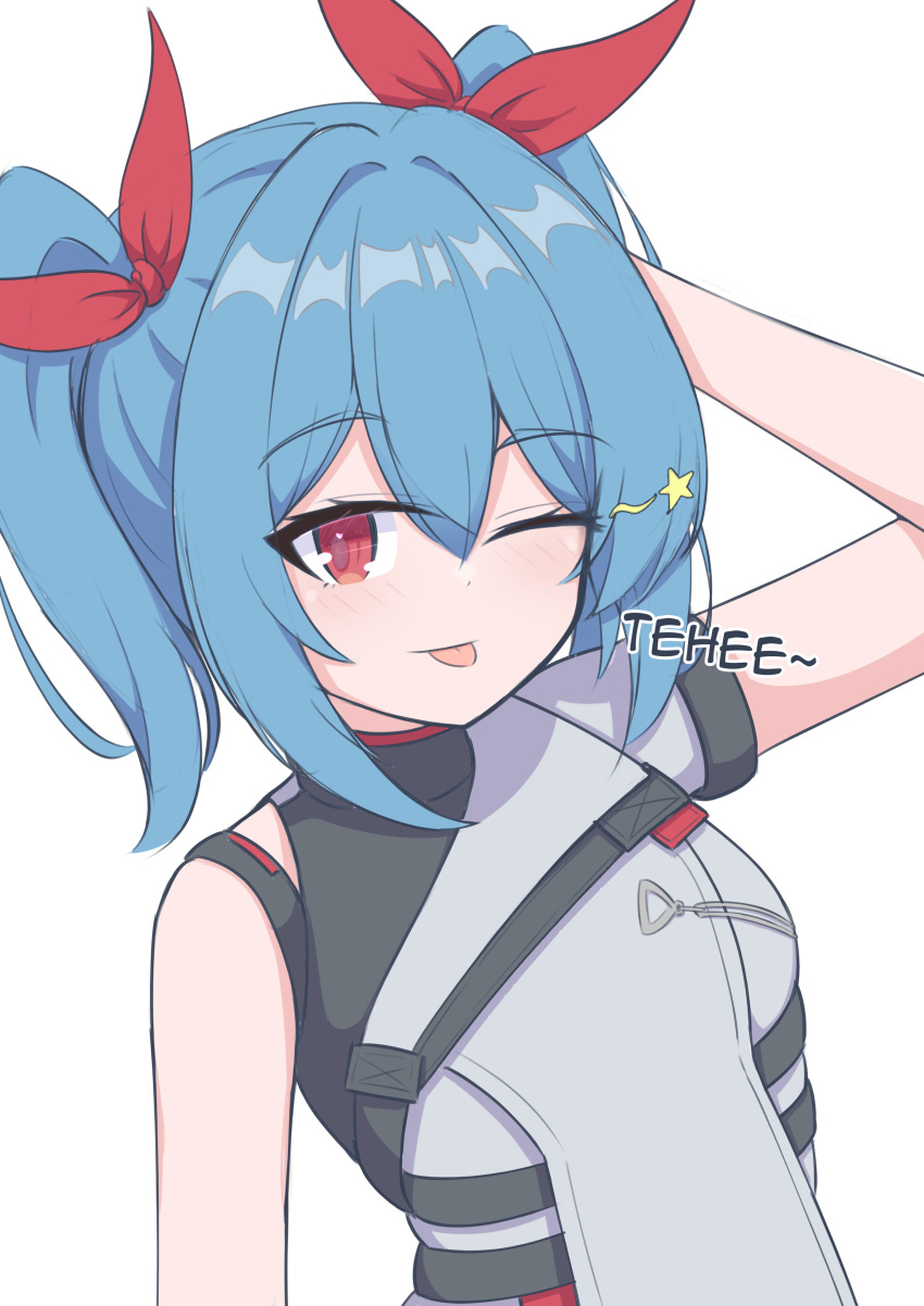 1girl, ;p, absurdres, arm_behind_head, blue_hair, blush, breasts, colphne_(girls'_frontline_2)