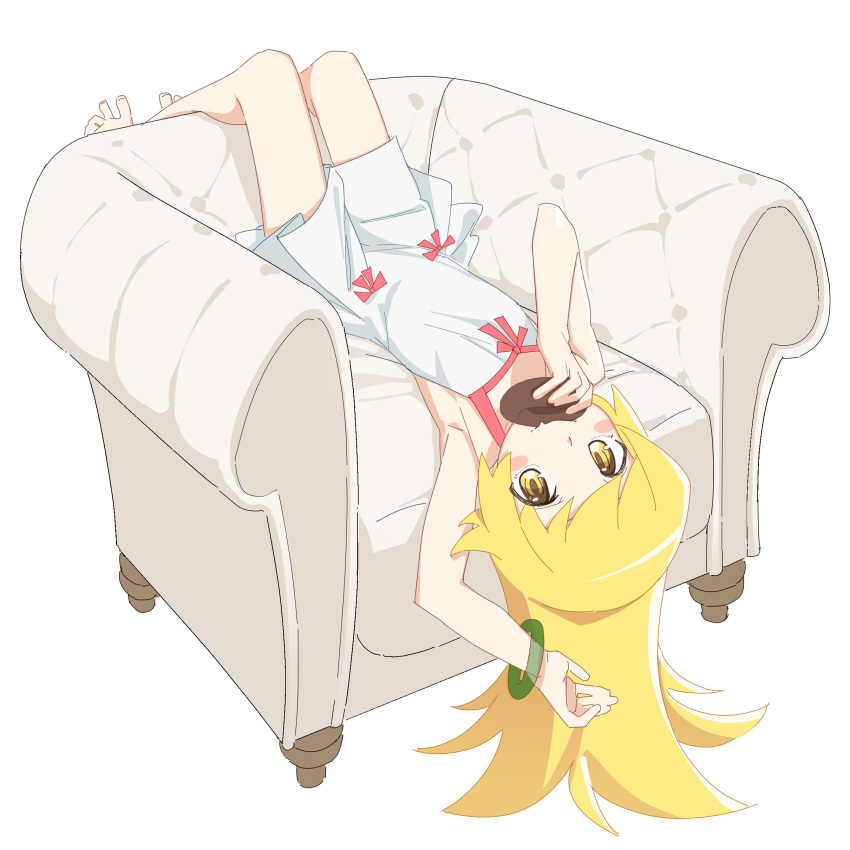 1girl, absurdres, armpits, blonde_hair, blush_stickers, bracelet, couch, doughnut, dress, eating, food, highres, holding, holding_donut, holding_food, jewelry, legs_up, long_hair, looking_at_viewer, lying, monogatari_(series), on_back, oshino_shinobu, pink_ribbon, ri-el, ribbon, solo, white_background, white_dress, yellow_eyes