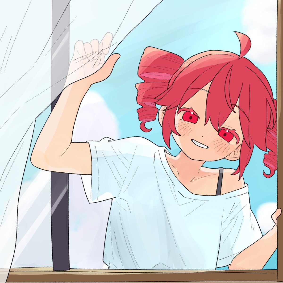 1girl, ahoge, blush, bra_strap, curtain_grab, curtains, dot_nose, drill_hair