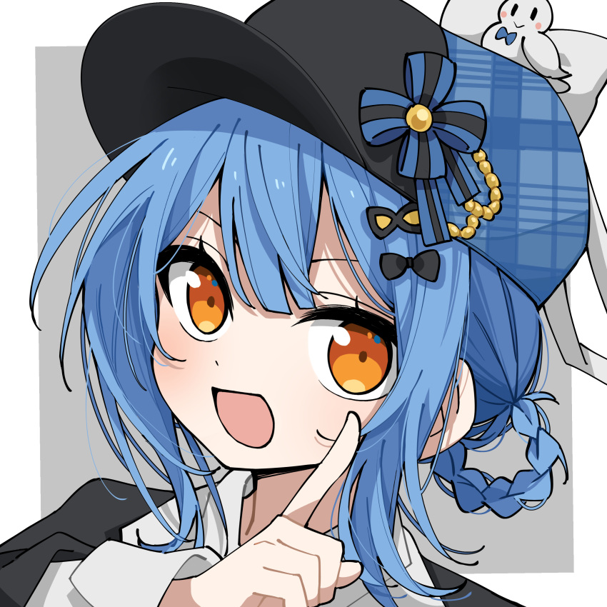 1girl, :d, absurdres, alephan, black_hat, blue_hair, border, bow, braid, braided_hair_rings, commentary_request, deerstalker, grey_background, hair_between_eyes, hair_bow, hair_rings, hand_up, hat, highres, index_finger_raised, looking_at_viewer, mahou_shoujo_no_majo_saiban, open_mouth, outside_border, short_hair, smile, solo, tachibana_sherry, upper_body, white_border, yellow_eyes